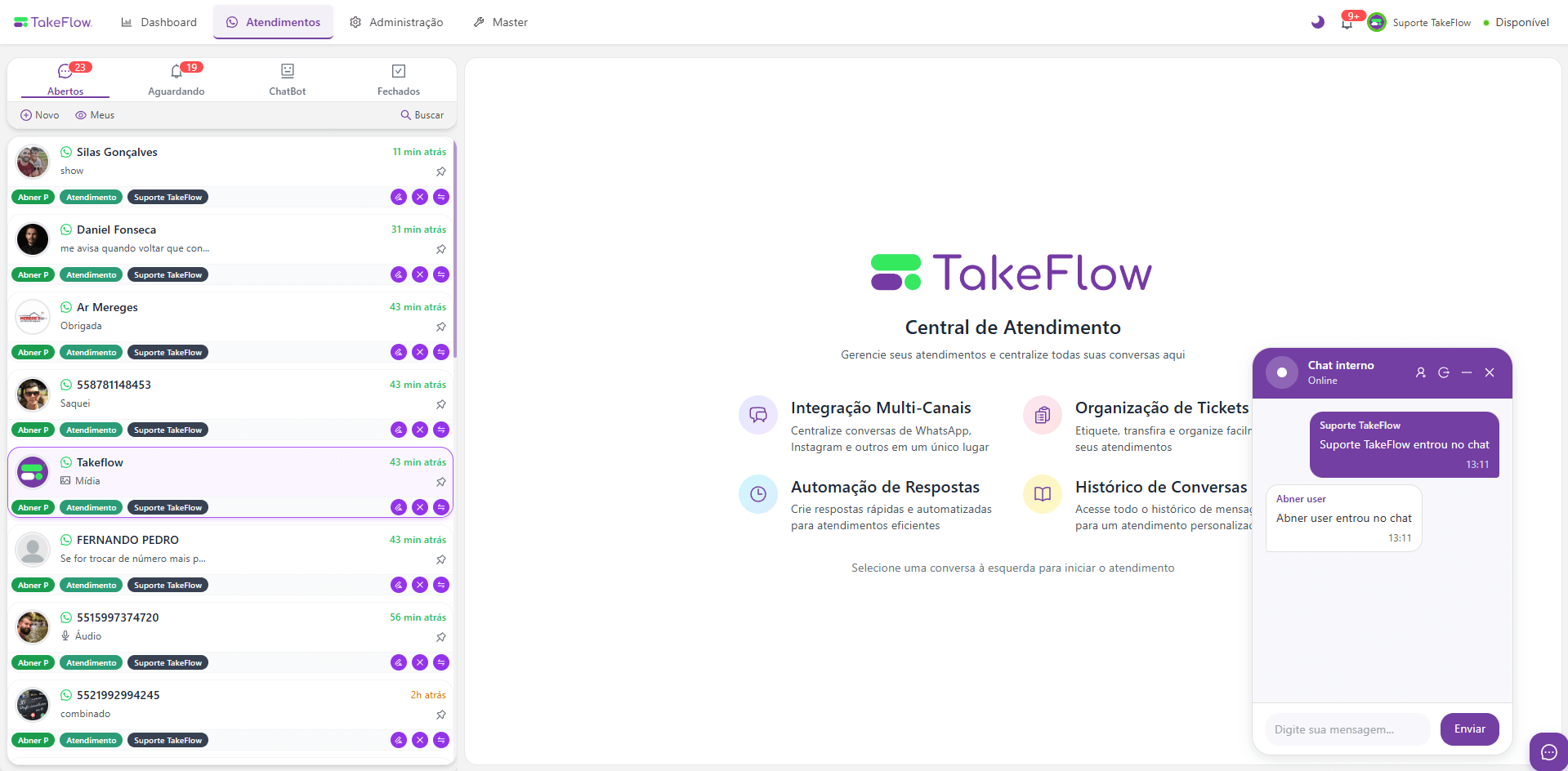 Dashboard do TakeFlow - Interface principal de atendimento